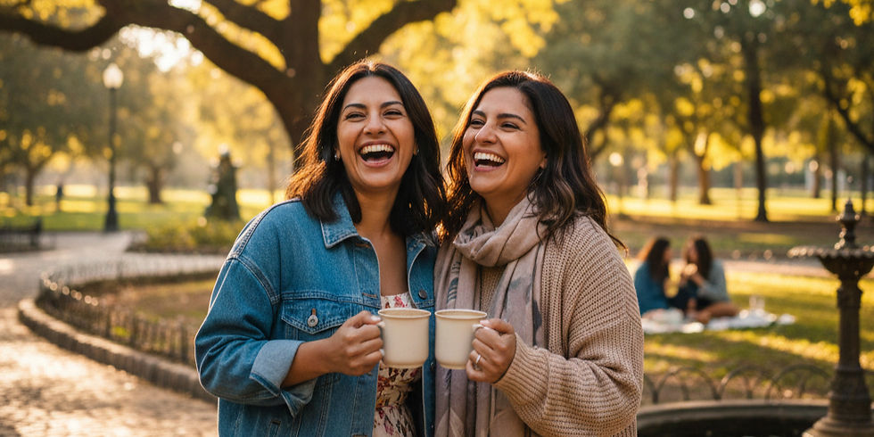 Two women laughing and holding mugs in a sunny park. Wearing a denim jacket and a sweater. Blurred trees and people in the background.