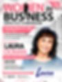 Poster for "Women in Business" Expo, March 29, 2025, Atlanta. Features Laura Doman, smiling. Pink and black text, business theme.