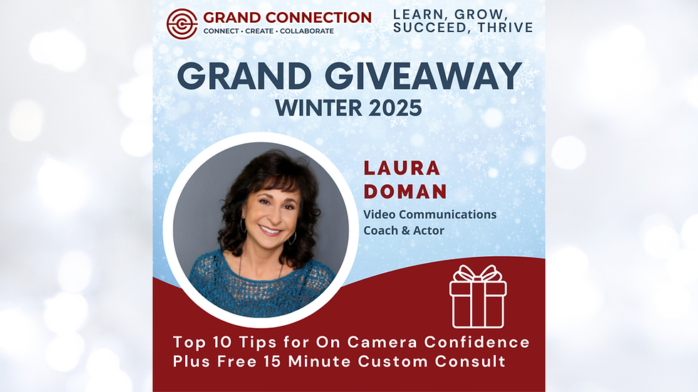 Laura Doman smiles on a blue snowy background. Text: Grand Giveaway Winter 2025, Top 10 Tips for Camera Confidence, free consult.