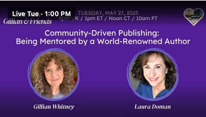 Webinar banner with two women, Gillian Whitney and Laura Doman, on purple background. Topic: Community-Driven Publishing. Date: May 27, 2025.
