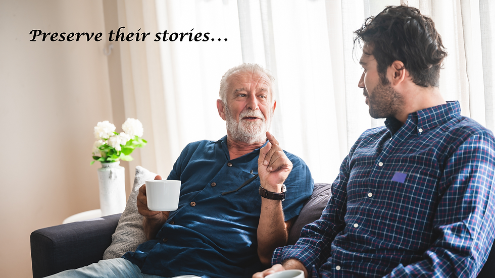 Elderly man and younger man chat on a couch, holding mugs, with text "Preserve their stories..." in a cozy, bright room.