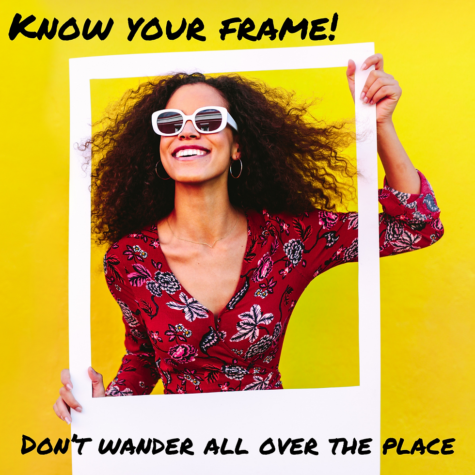 Smiling woman in red floral dress holding white frame against yellow background. Text: "Know Your Frame! Don't Wander All Over the Place."