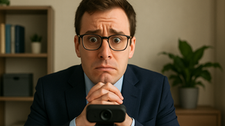 A businessman stares fretfully into a webcam, unsure of what to say or do.