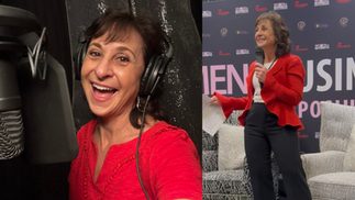 Author Laura Doman is shown in two photos to illustrate her role, first as a voice actor behind the mic in her studio and second, as a public speaker on stage.