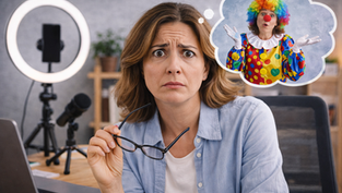 Woman looking puzzled in an office, holding glasses. Thought bubble shows a clown in colorful attire. Ring light and microphone visible.