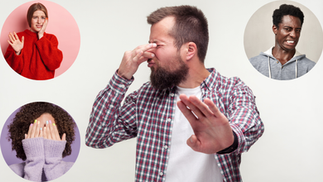 Four people grimace, hide, or show disdain as a reaction to appearing on camera.