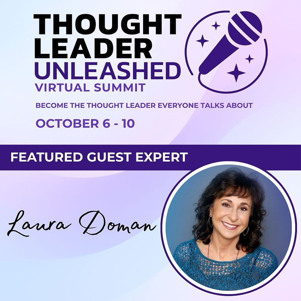 Purple-themed graphic for "Thought Leader Unleashed Virtual Summit" on October 6-10, featuring guest expert with a smiling woman in a circle.