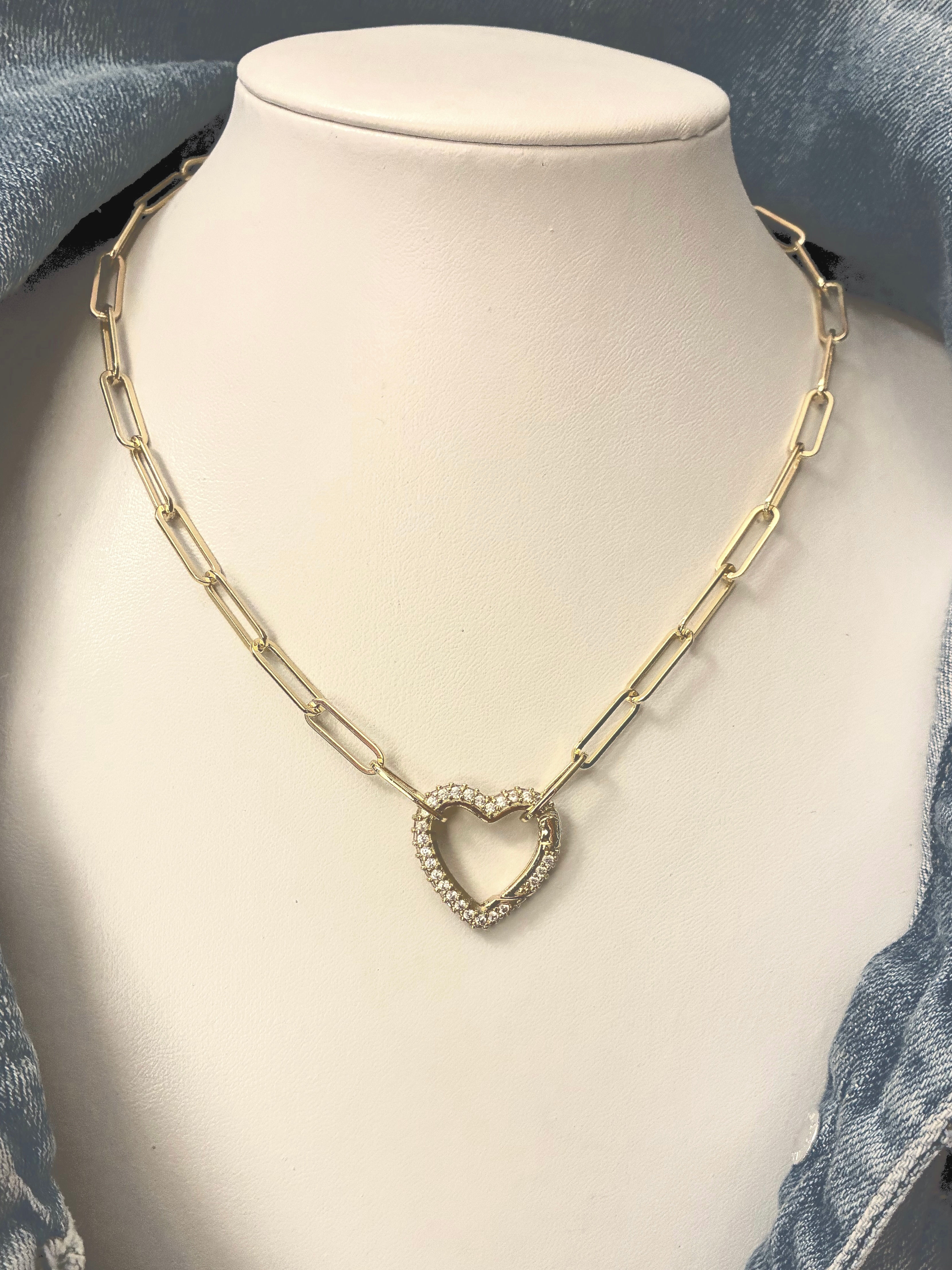 Pave Heart Paperclip Necklace