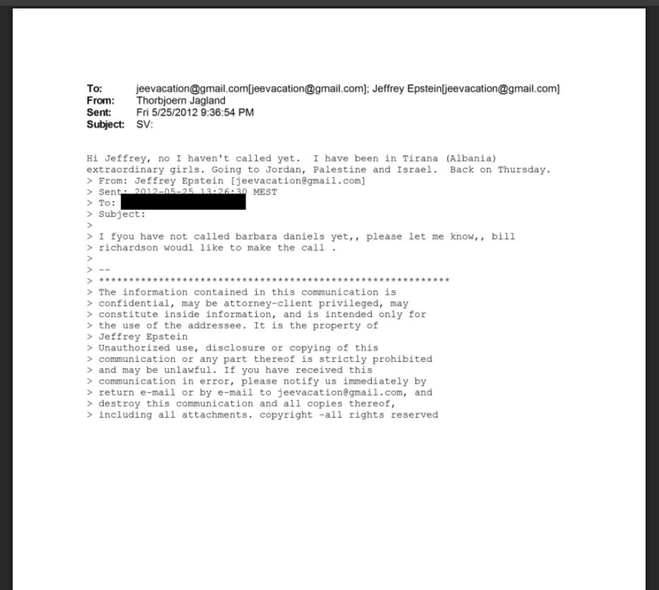 ISH-SEKRETARI I PËRGJITHSHËM (NORVEGJEZ) I KËSHILLIT TË EVROPËS THORBJORN (THORBJØRN) JAGLAND I SHKROI E-EMAIL PEDOFILIT XHEFRI (JEFFREY) EPSTEIN KU E NJOFTONTE SE TIRANA KA VAJZA TË BUKURA.