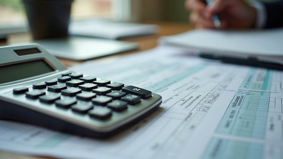 High angle view of a calculator and tax documents on a desk