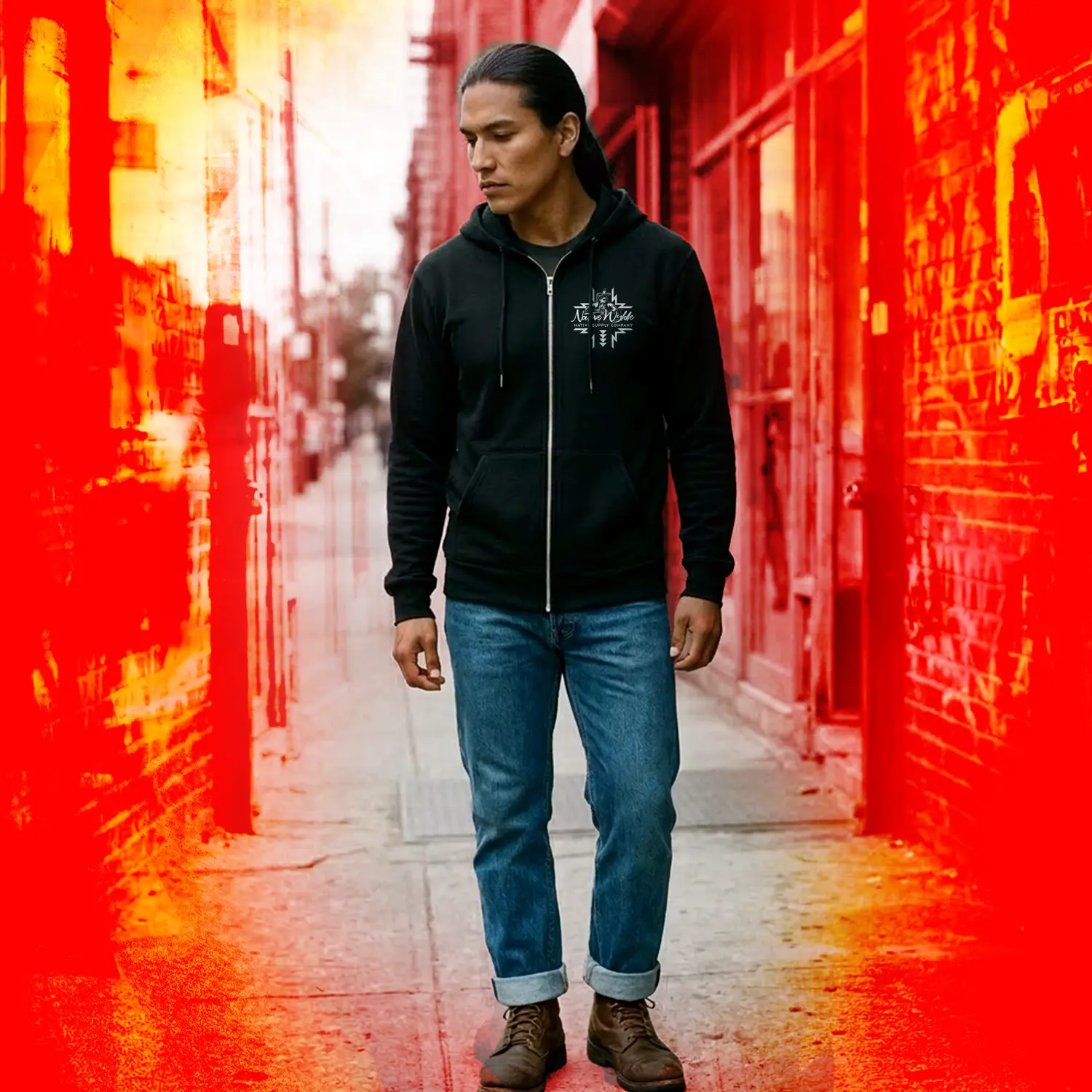 Native American man wearing Warrior hoodie by Native Wylde front view.