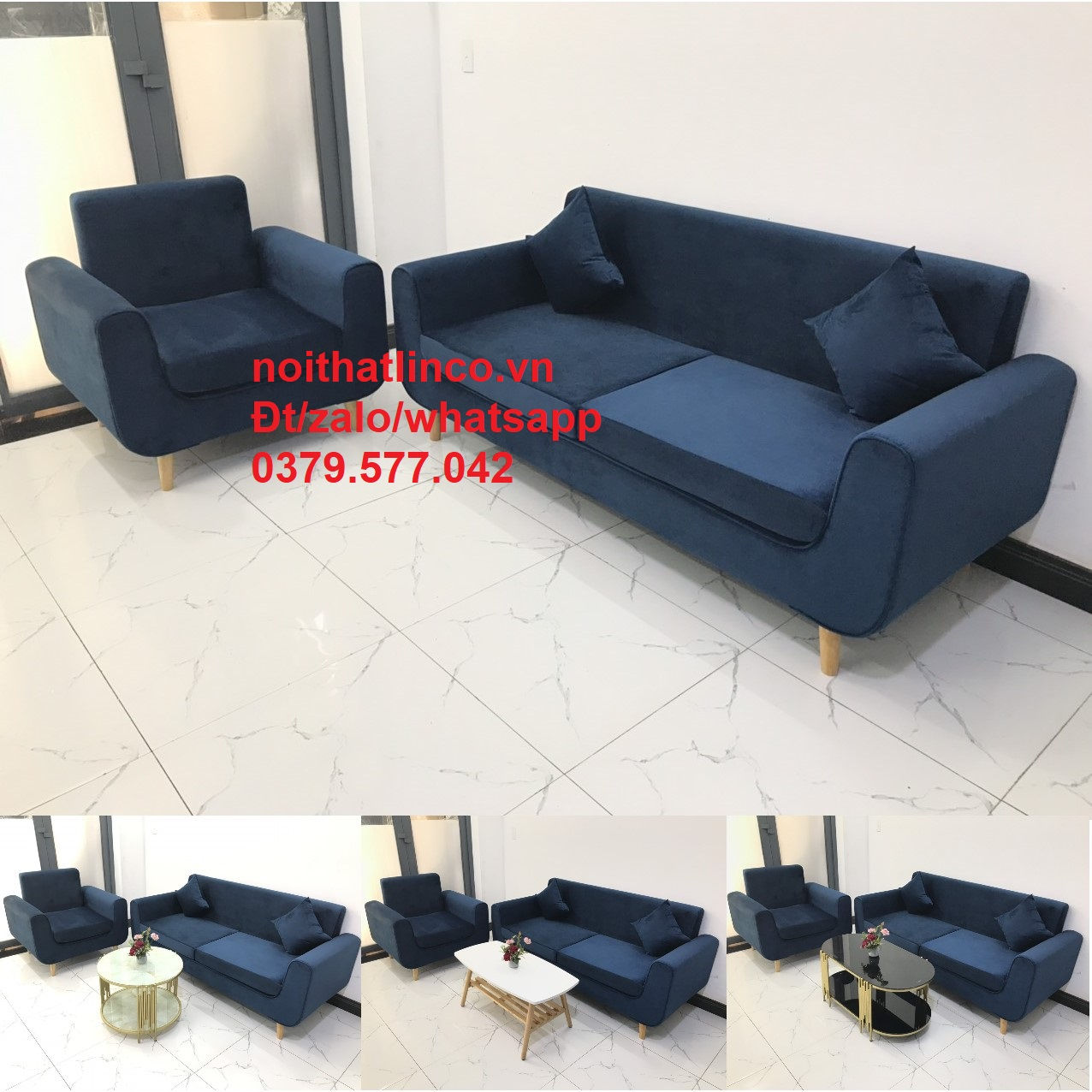 Bộ ghế sofa băng xanh dương đậm hiện đại Nha Trang