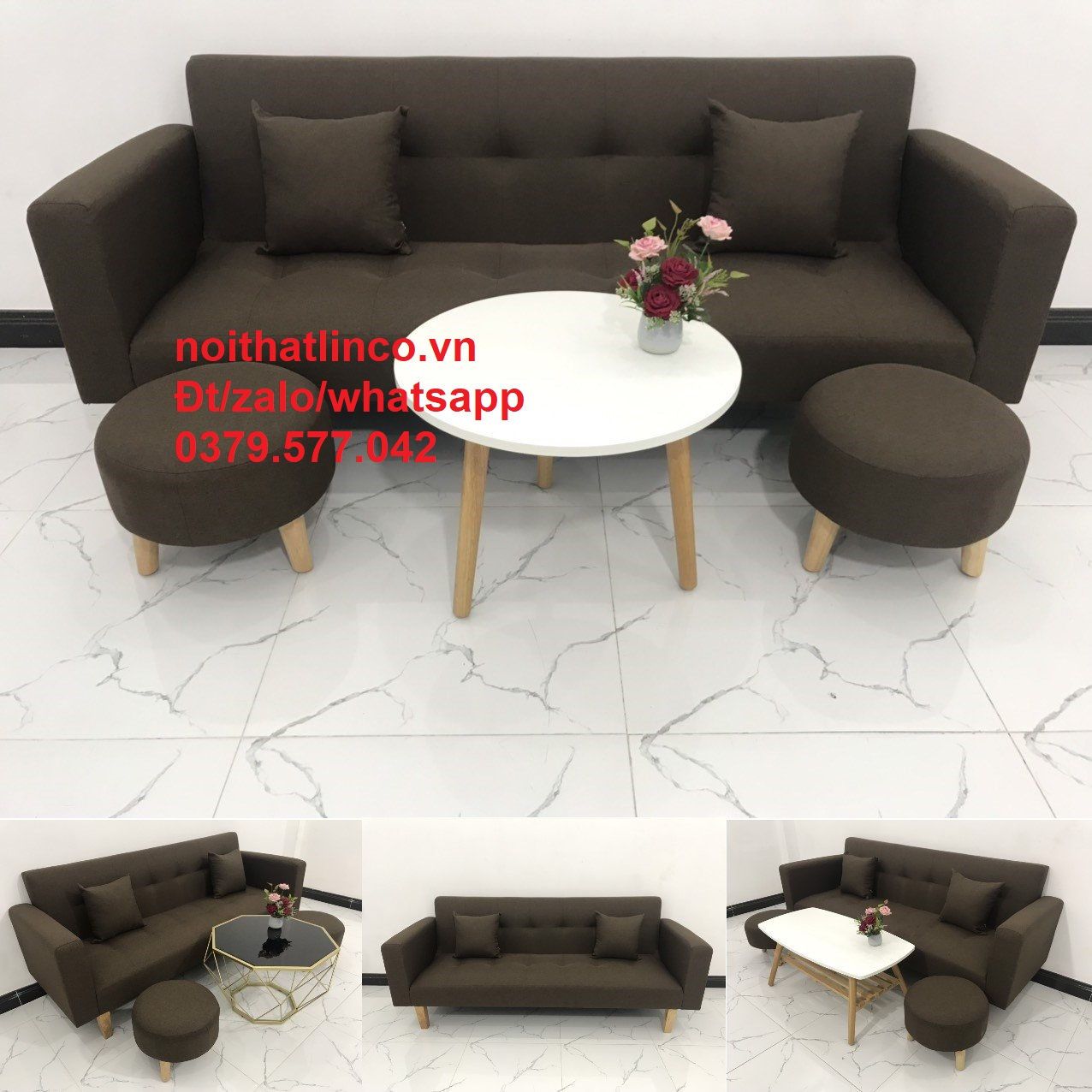 Bộ bàn ghế sofa giường tay màu nâu cafe đậm Nội thất Linco Nha Trang