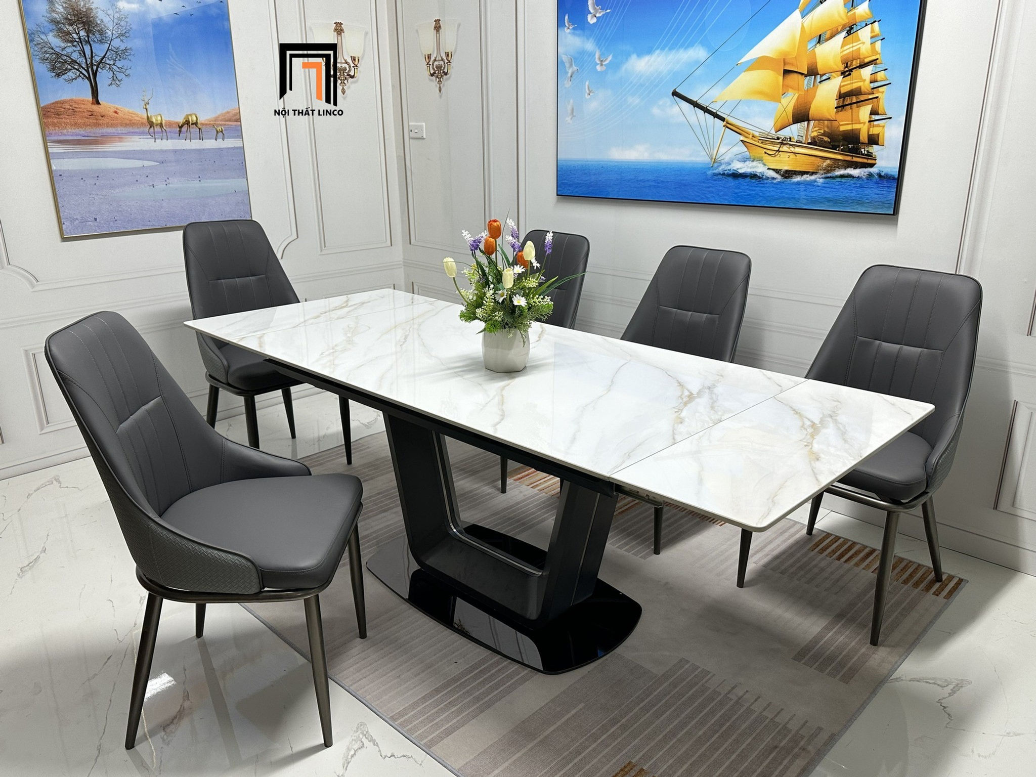 Bàn ăn mặt đá 1m4 kéo dài 2m 49-BAD6-G39-B85 hiện đại