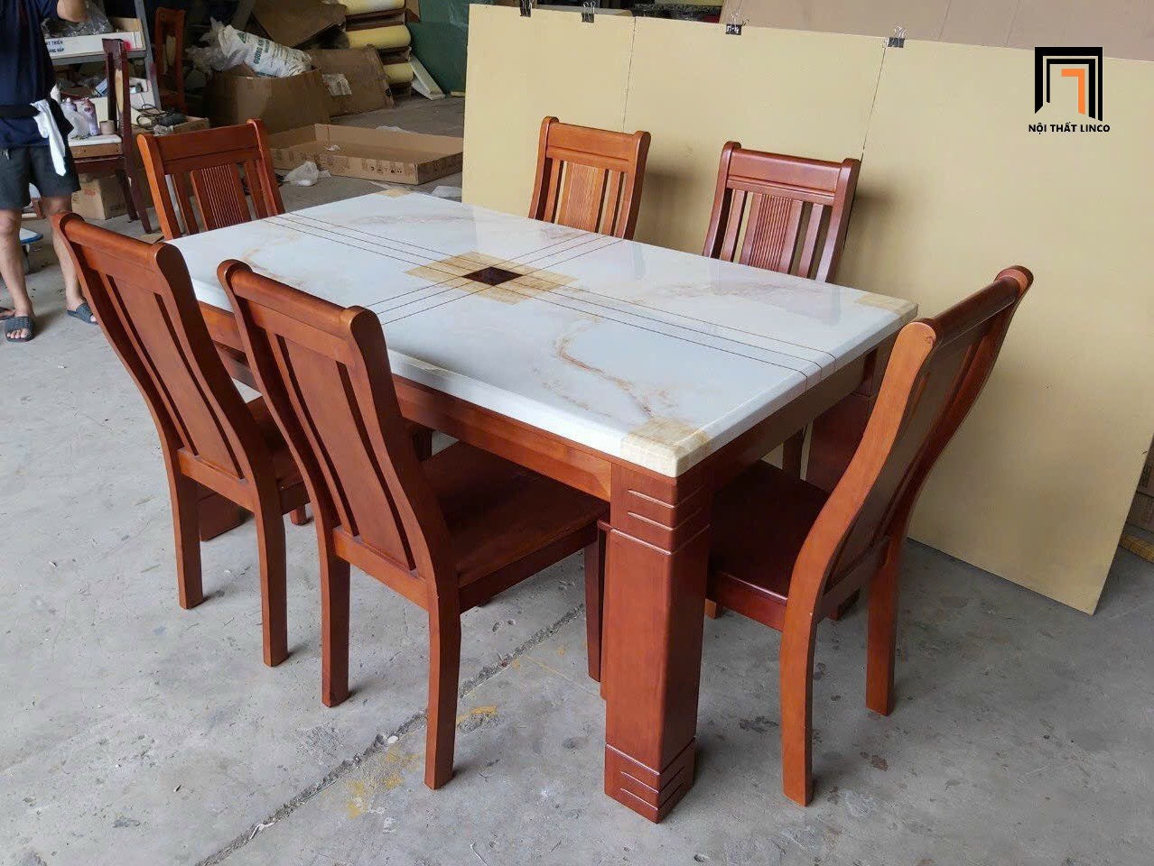 Bàn ăn 6 ghế gỗ nâu GF14-BAD6-G300-B354 mặt đá 1m6 dày