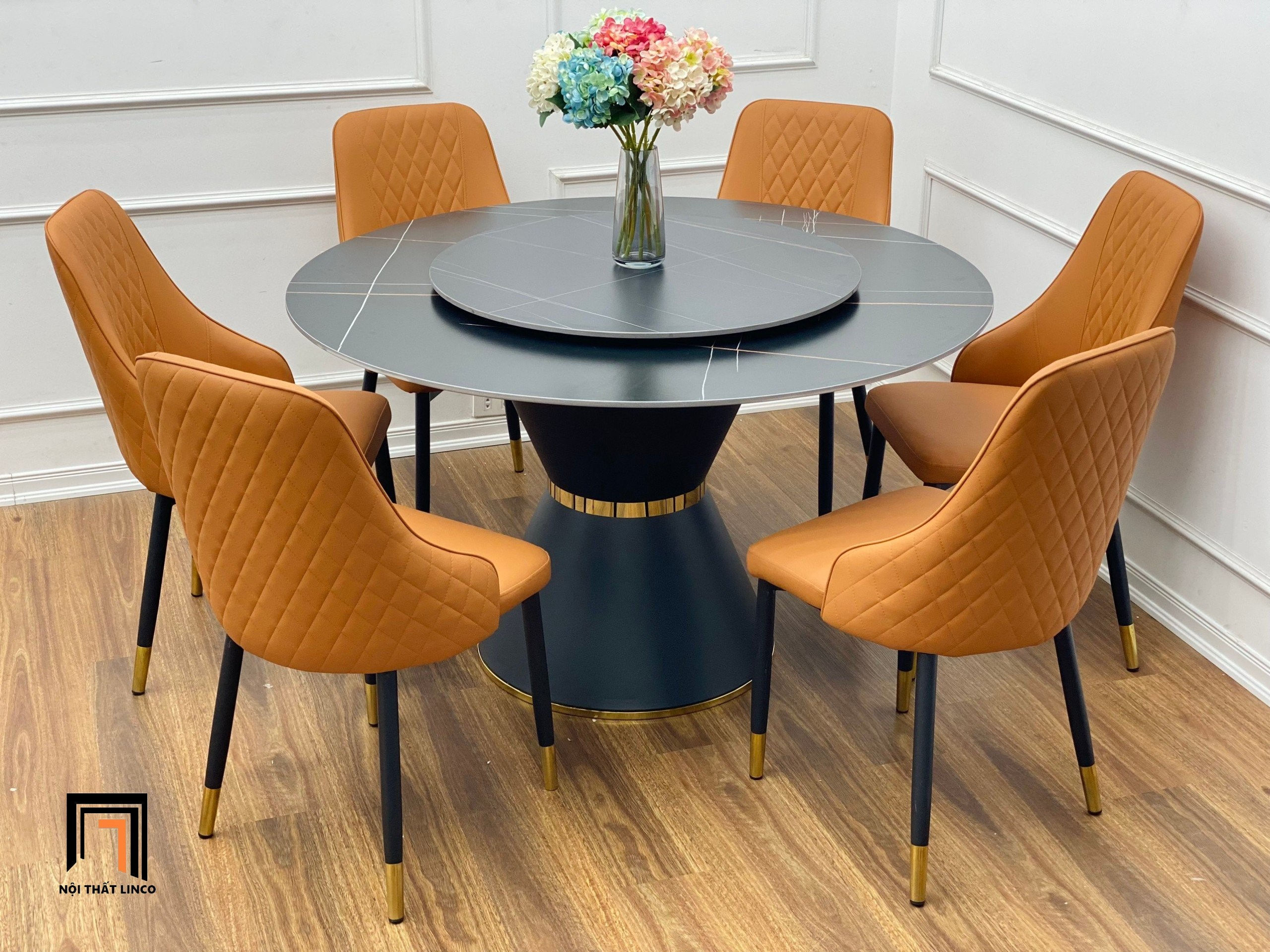 Bộ bàn ăn tròn mặt đá đen 28-BAD6-G16-B81 6 ghế da Pu