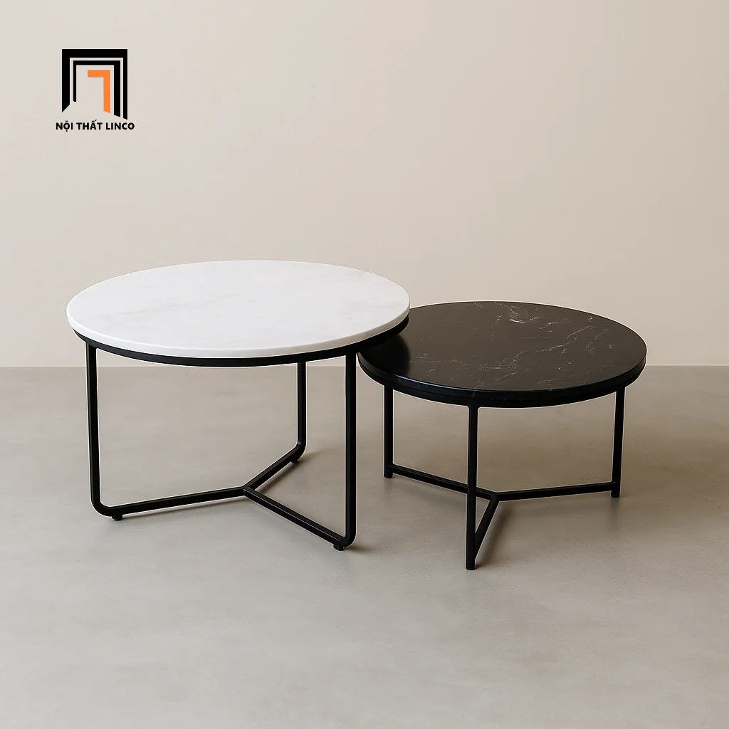 Cặp bàn trà gia đình nhỏ BTPK27 Zampo mặt đá đen trắng