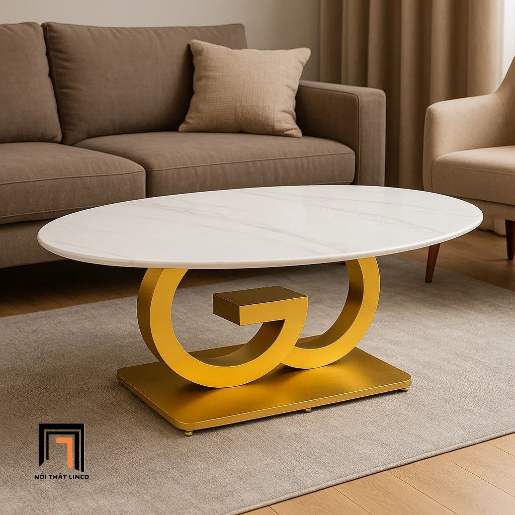 Bàn sofa mặt đá oval 1m x 60 BTPK40 Stansh khung sắt vàng