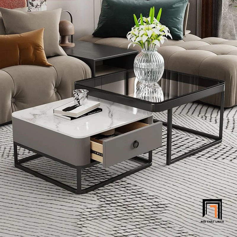 Hình thu nhỏ: Cặp 2 bàn sofa vuông BSF23 Copeheim đá ceramic bóng