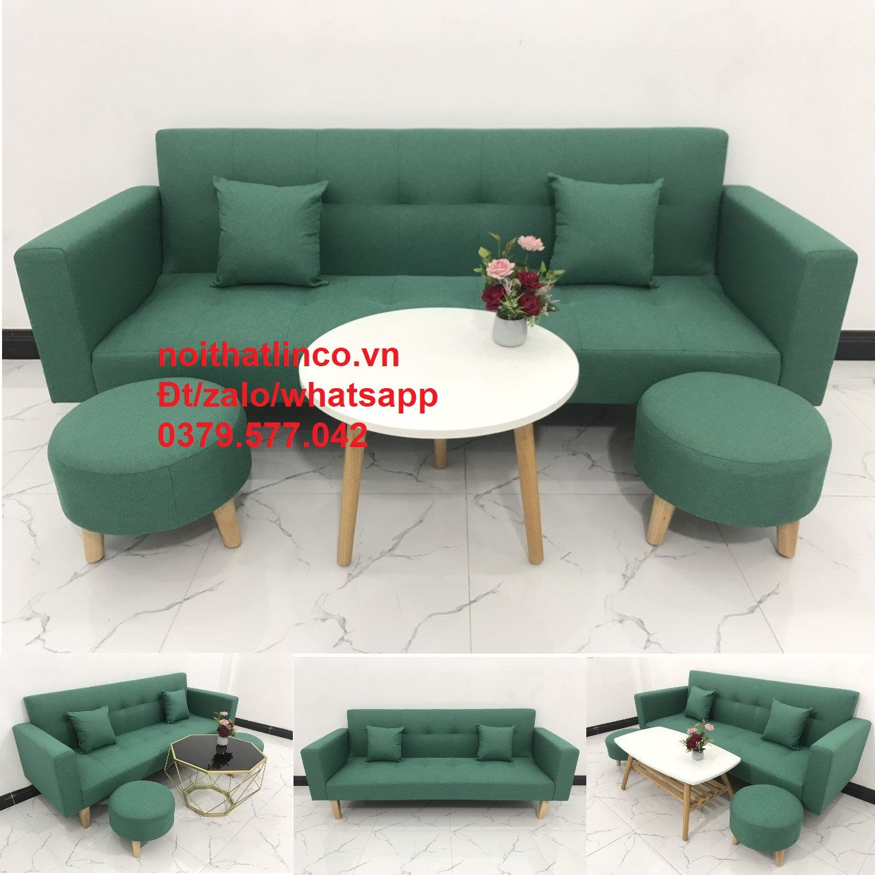 Bộ bàn ghế sofa băng giường xanh ngọc cho phòng nhỏ