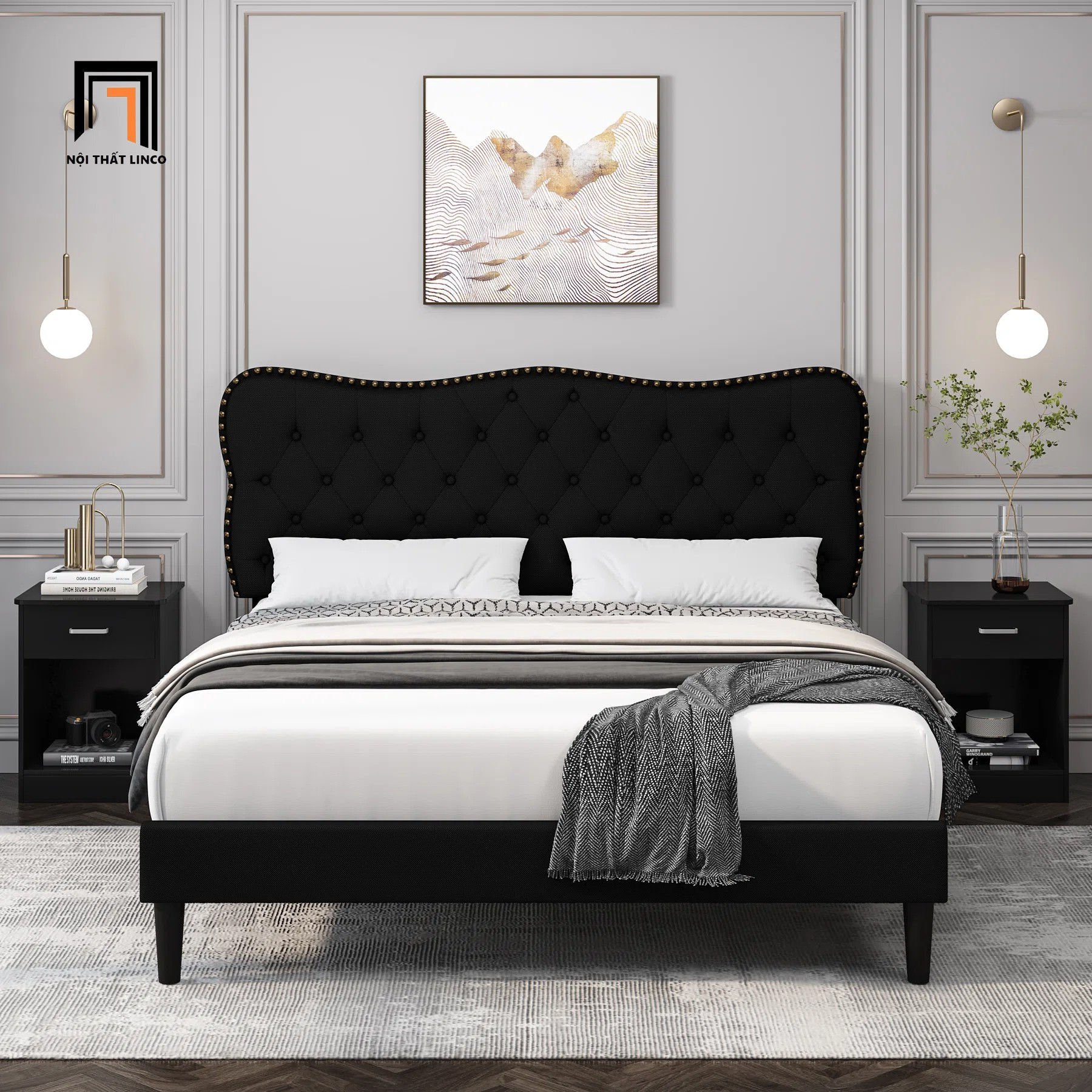 Giường ngủ vải nhung đen GN92 Bignell đính nút đồng