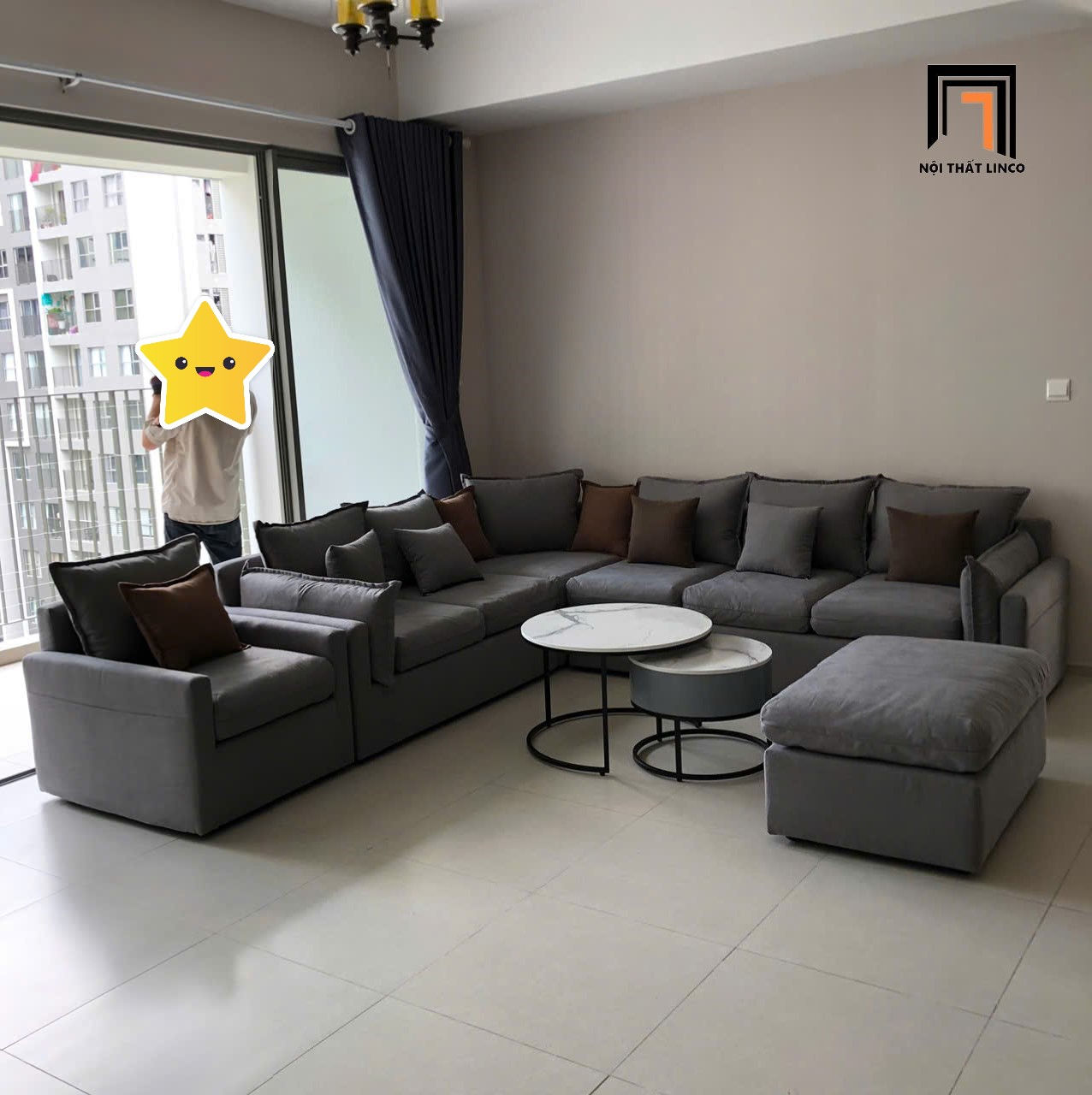 Set ghế sofa chữ U vải nỉ xám UT3 Hanna 3m2 cho chung cư