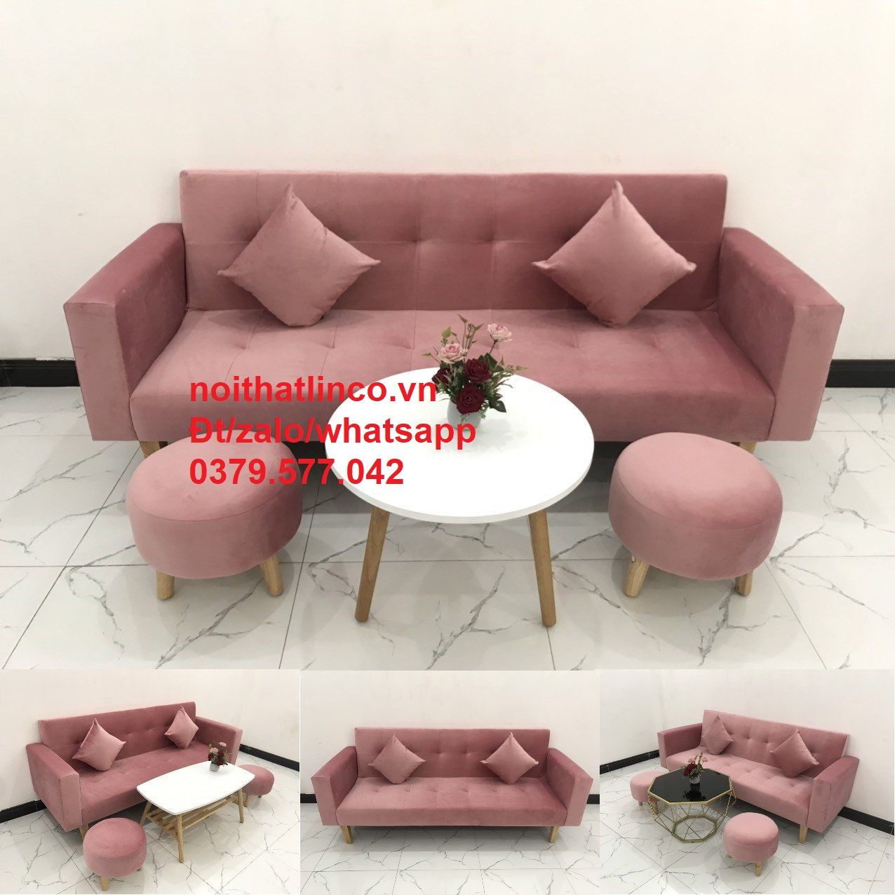 Bộ ghế sofa băng giường đa năng hồng vải nhung dài 2m