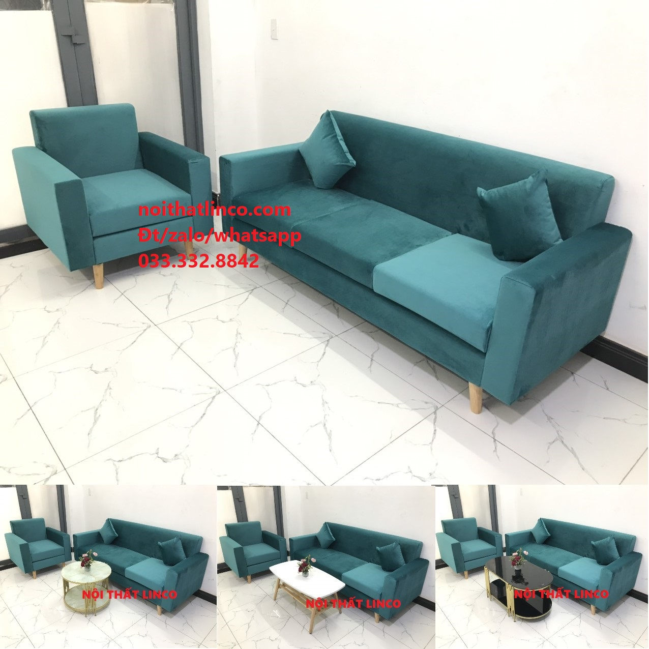 Bộ bàn ghế sofa phòng khách giá rẻ NS05 xanh lá vải nhung HCM