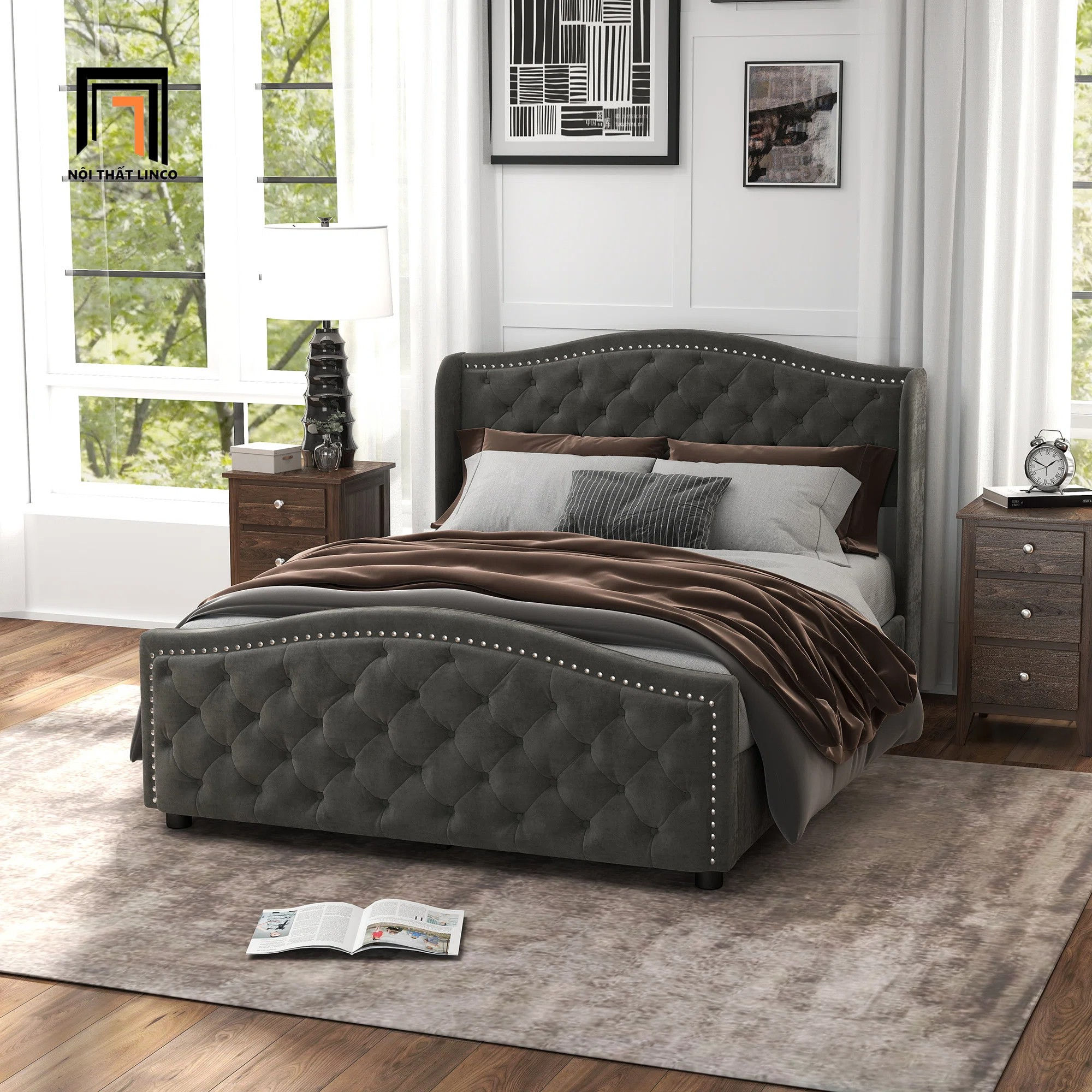 Giường ngủ vải nỉ giật nút GN108 Mackey tân cổ điển đẹp