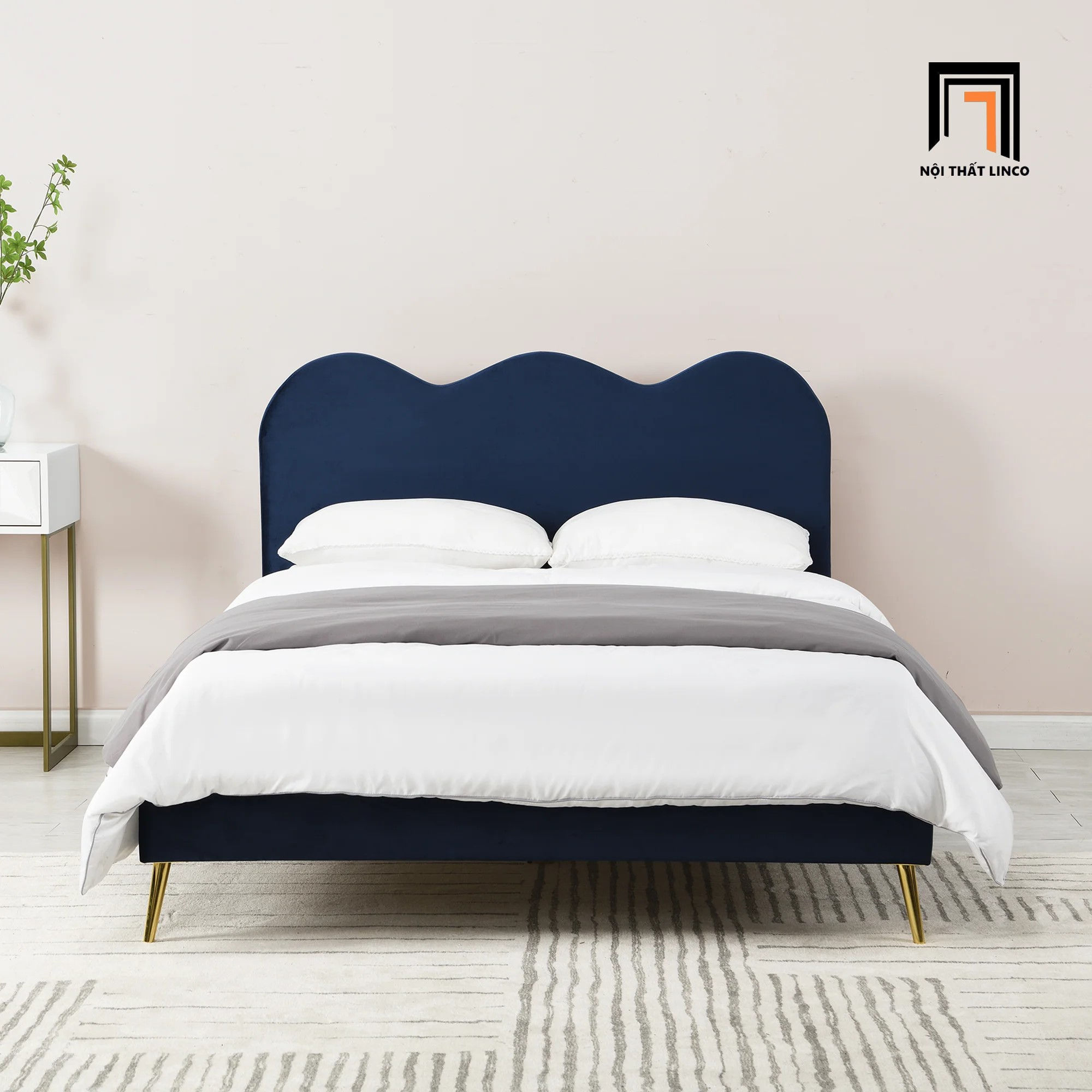 Giường ngủ bọc vải giá rẻ GN68 Gidea vải nhung xanh đậm