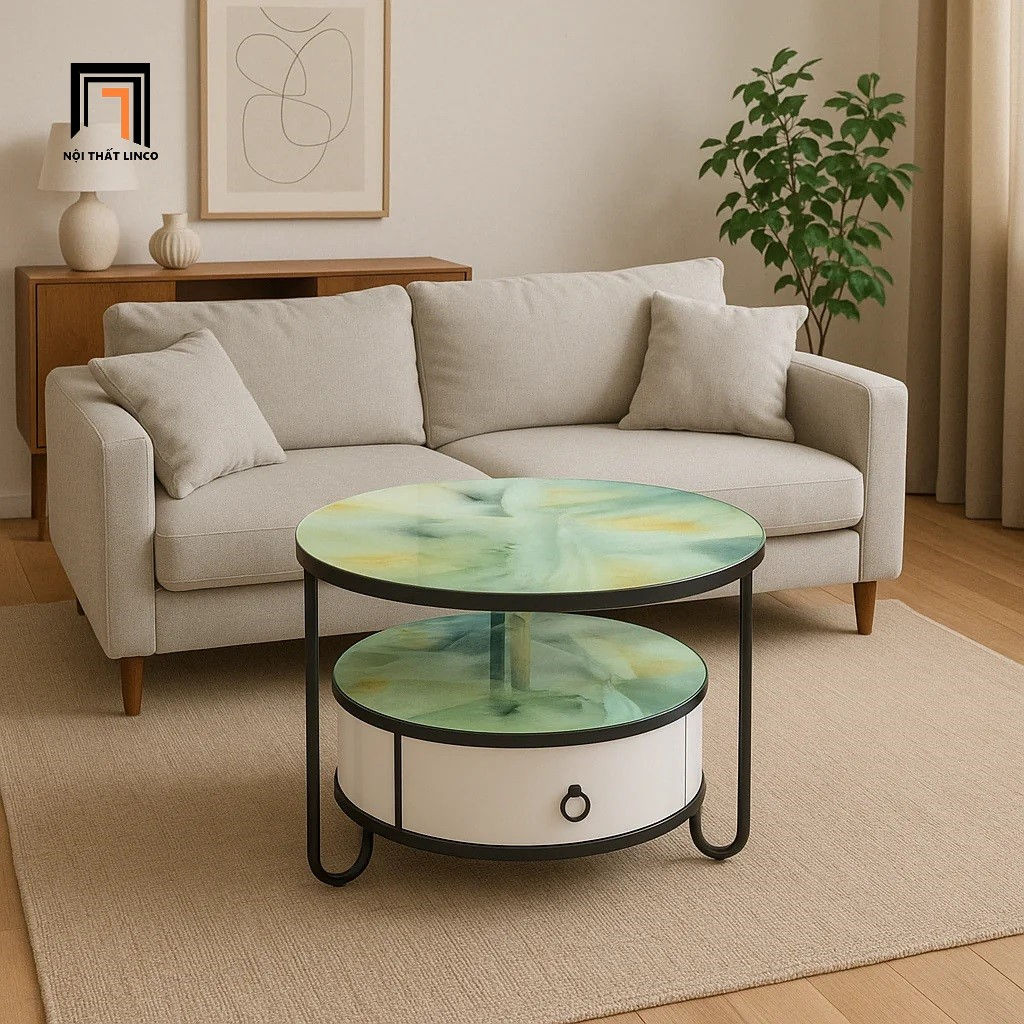 Bàn sofa mặt kính 60 giả đá 2 tầng BTPK20 Carton hộc kéo