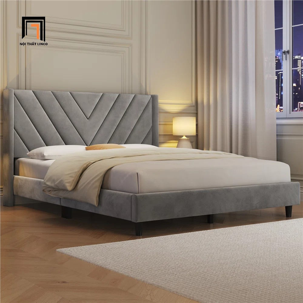 Giường ngủ hiện đại GN64 Permelia vải nhung màu xám tro