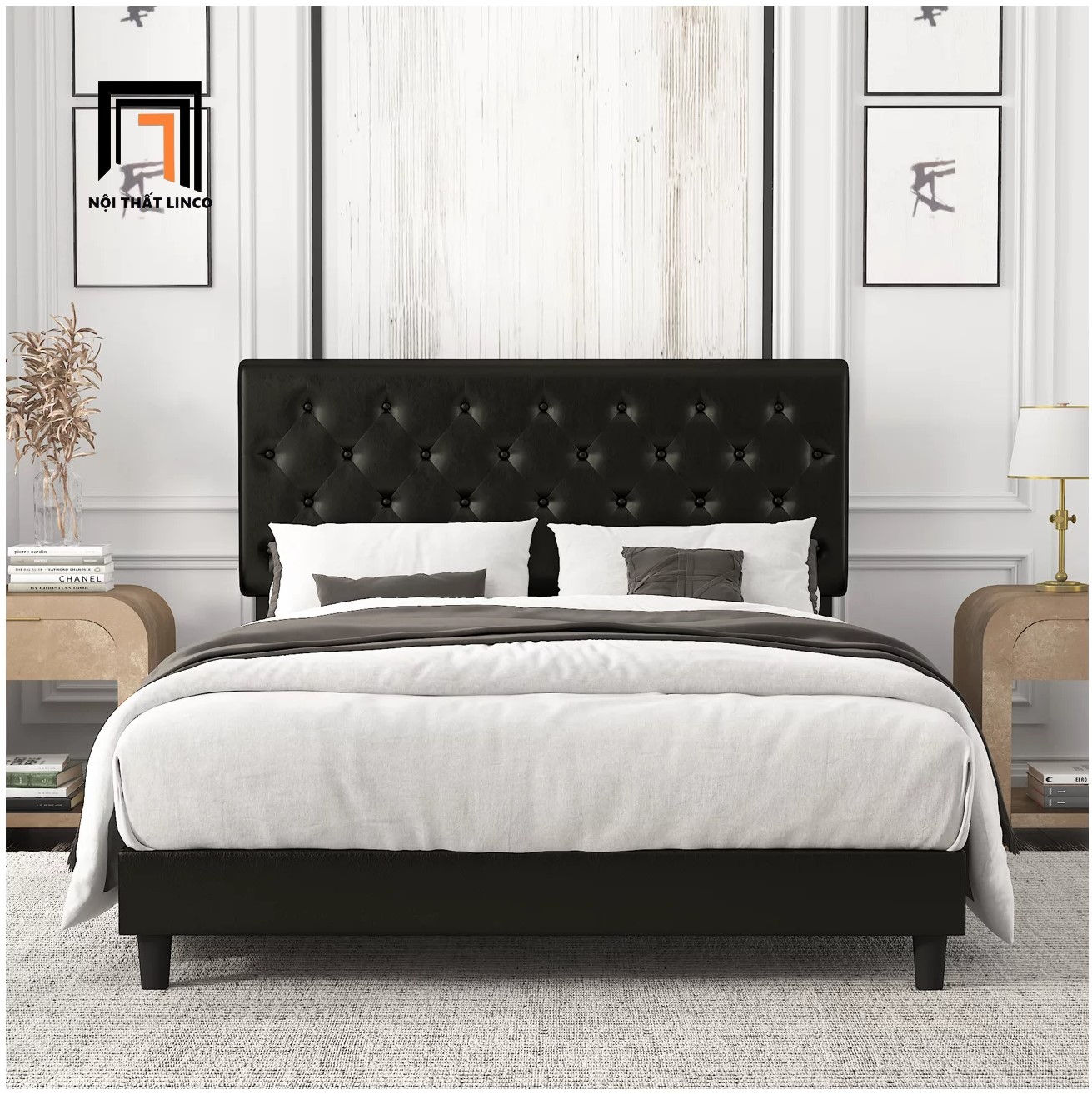 Giường ngủ bọc da giả Pu màu đen GN13 Amolife giật nút