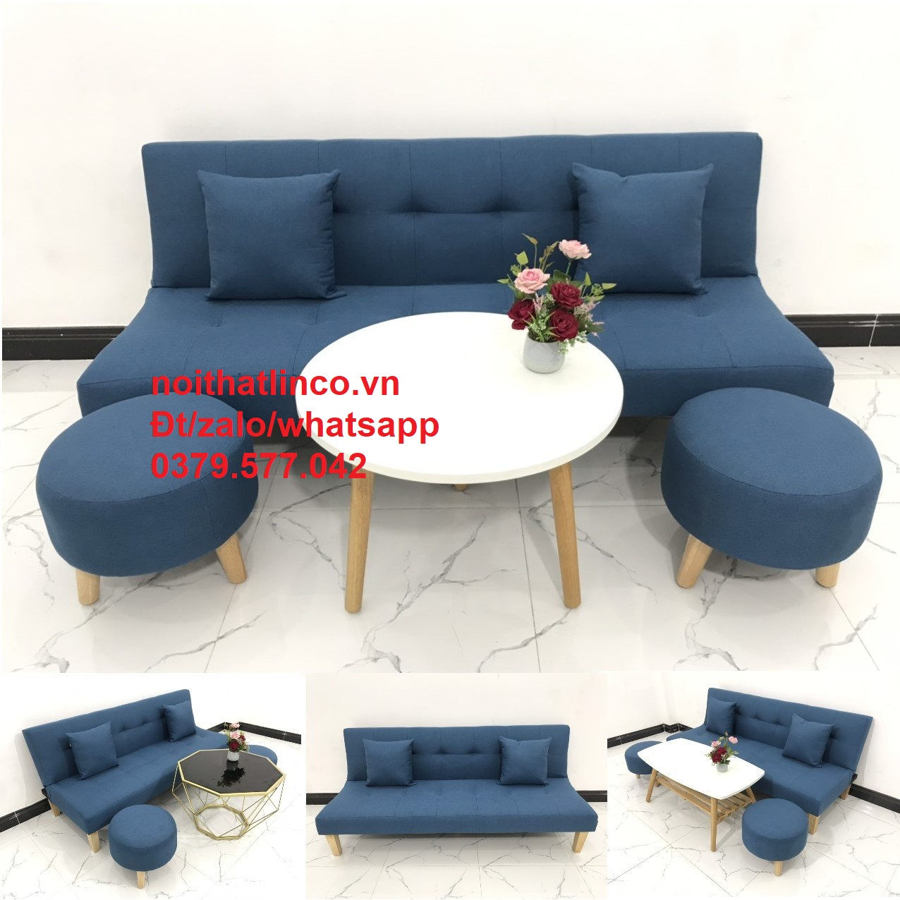 Bộ bàn ghế sofa giường xanh dương giá rẻ Nội thất Linco Nha Trang