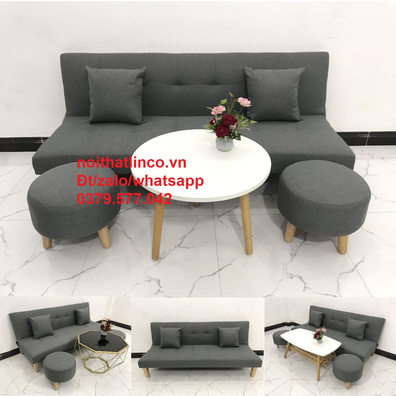 Bộ bàn ghế sofa giường xám lông chuột Sofa Linco Nha Trang