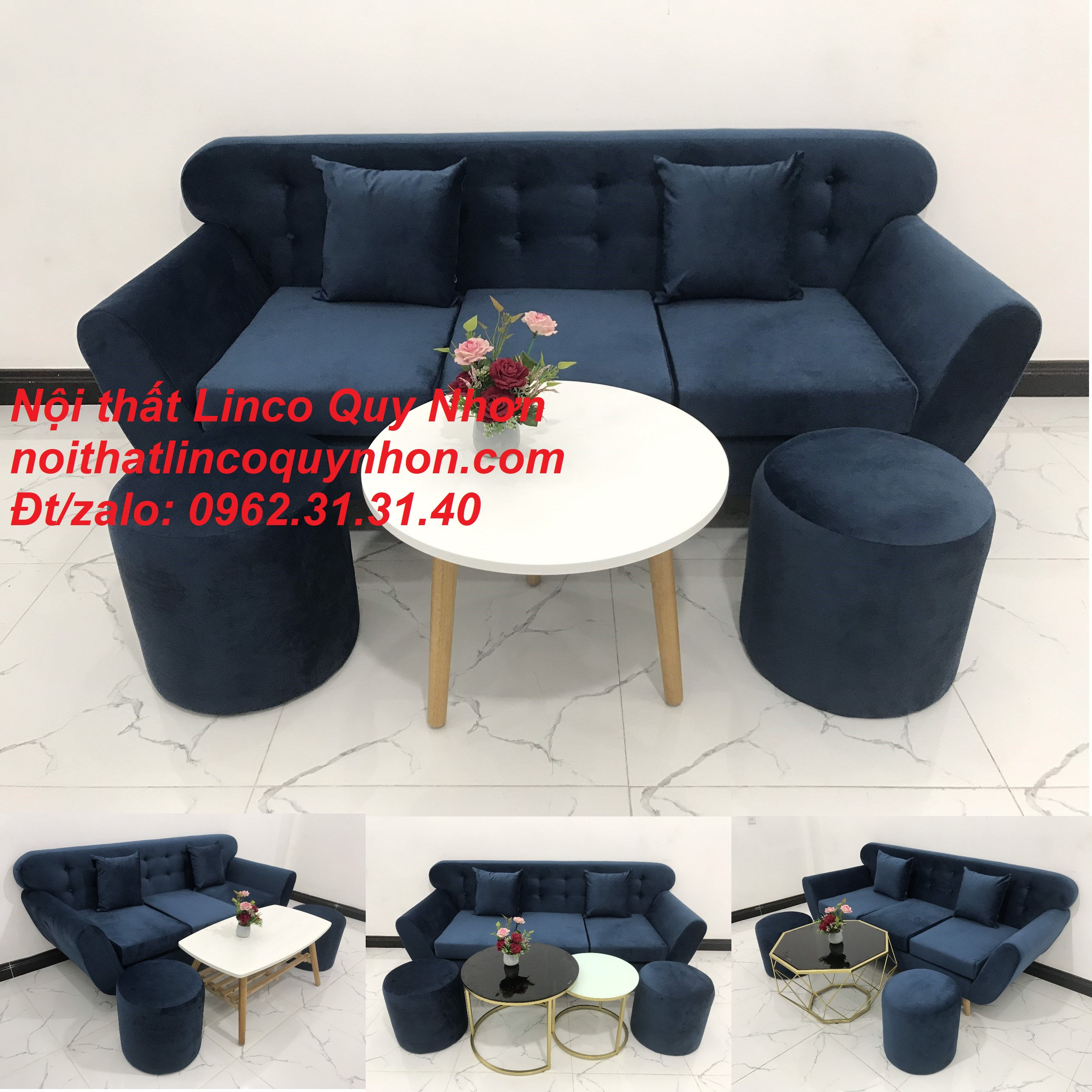 Bộ ghế sofa sopha băng xanh dương đậm vải nhung dài 1m9