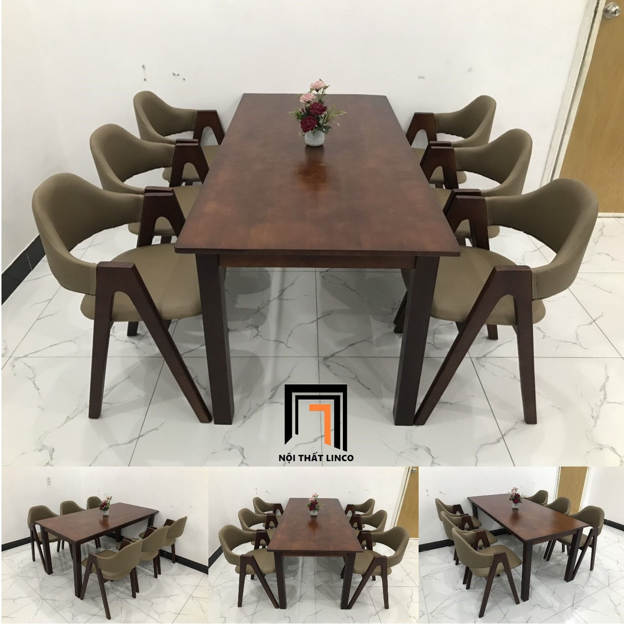Bộ bàn ăn 6 ghế nệm 4-KH6-G5-B108-nausi nâu cafe giá rẻ