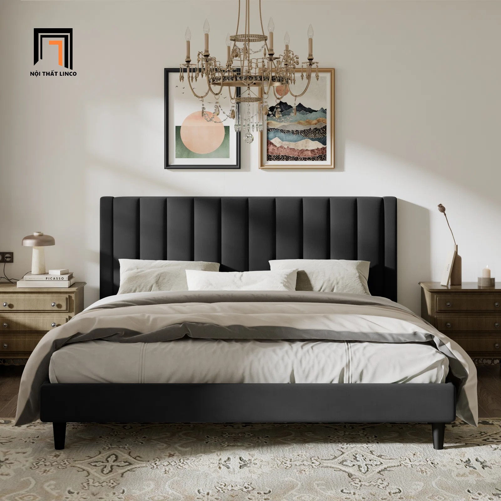 Giường ngủ gia đình hiện đại GN21 Will vải nhung nỉ đen