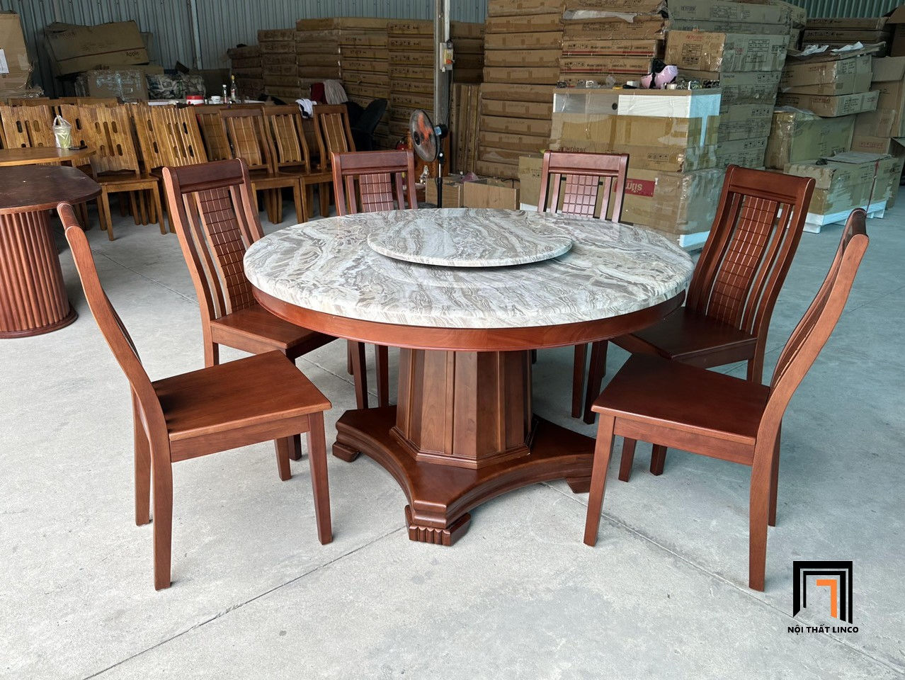 Bộ bàn ăn tròn mặt đá GF1-BAD6-G301-B351 6 ghế gỗ nâu