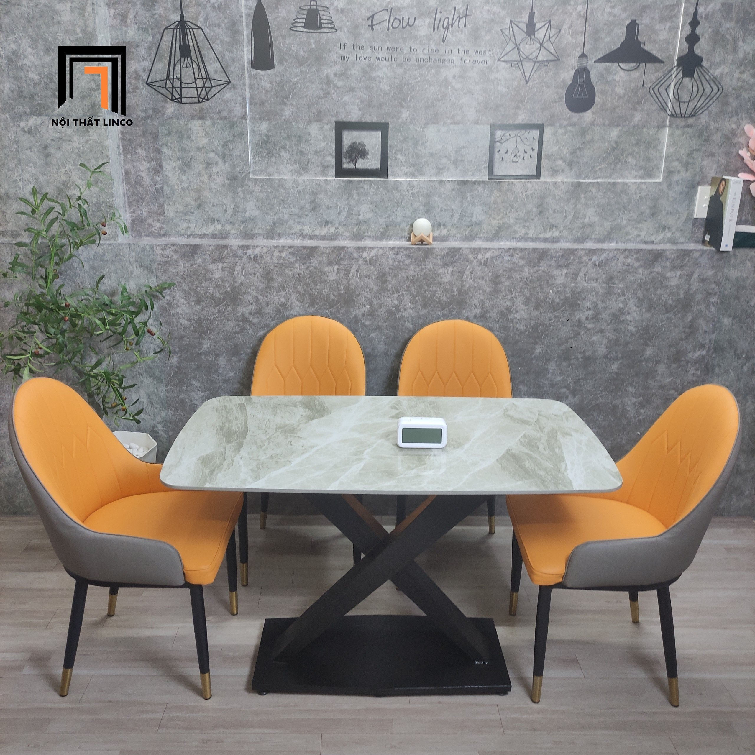 Bộ bàn ăn đá ceramic hiện đại 2-BAD4-G1-B70 4 ghế da giả