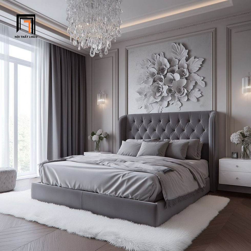 giường ngủ vải nhung xám