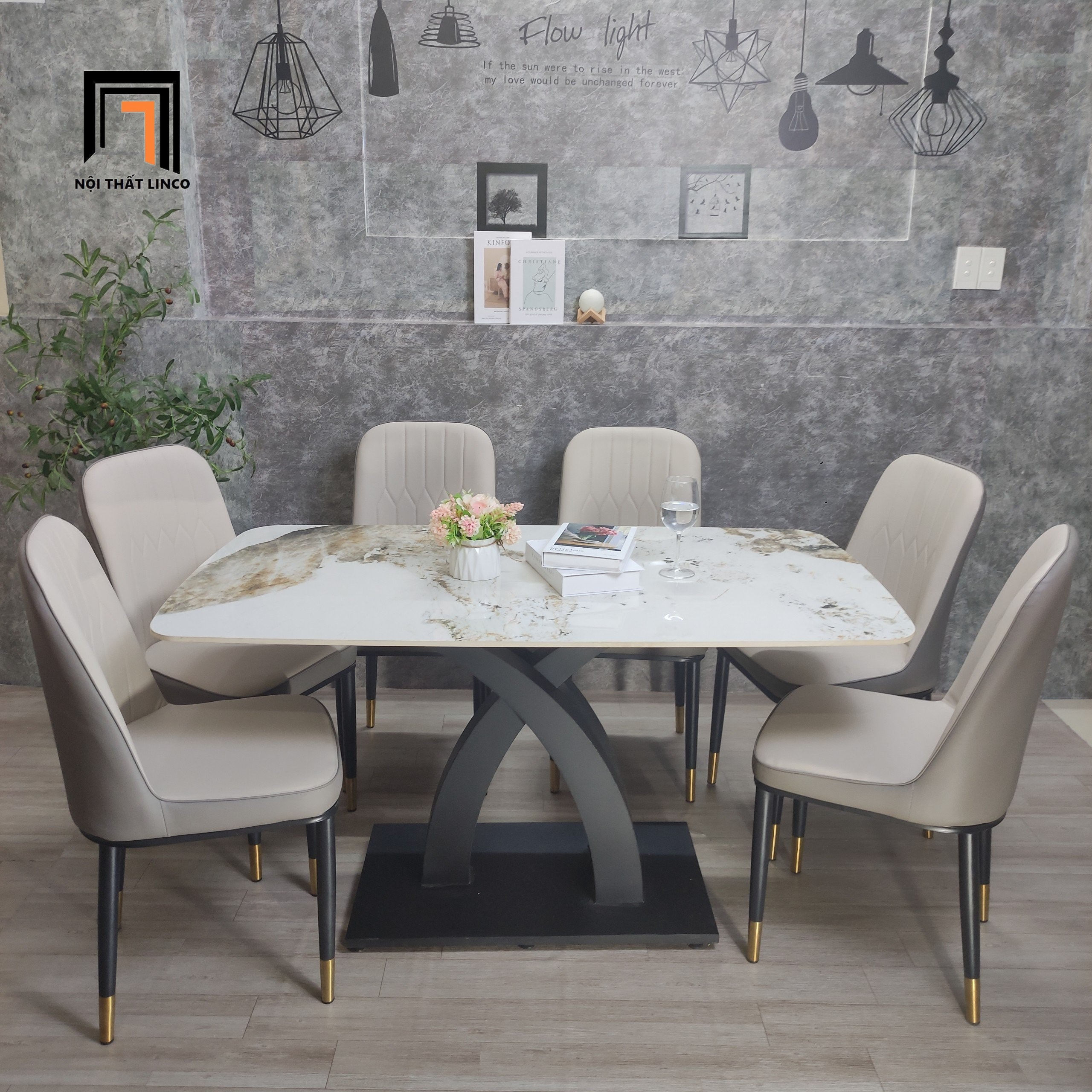 Bộ bàn ăn mặt đá ceramic 1-BAD6-G2-B2 6 ghế da giả đẹp
