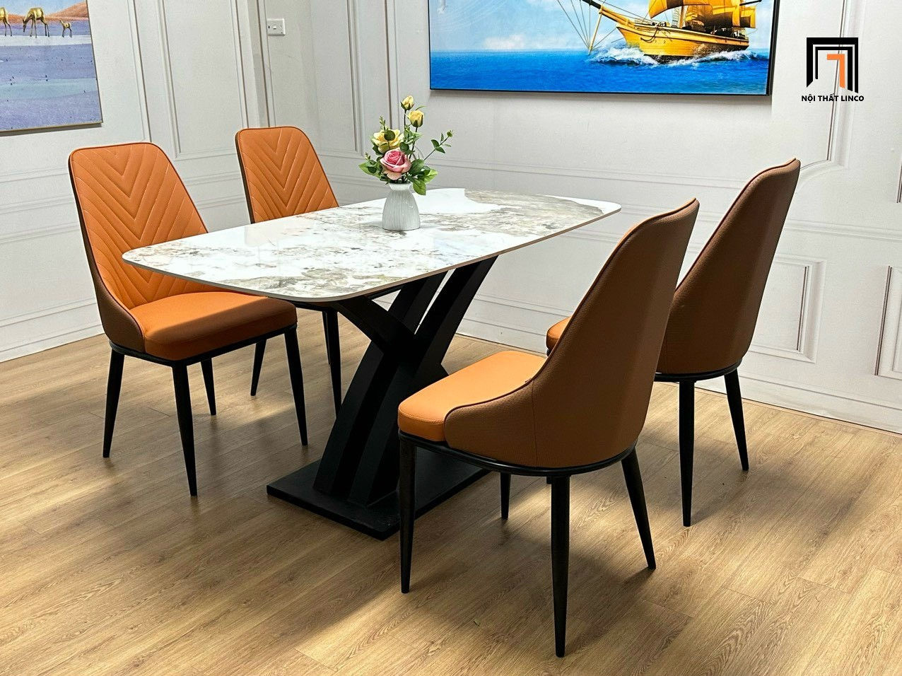 Bộ bàn ăn mặt đá ceramic cao cấp 19-BAD4-G31-B2 4 ghế