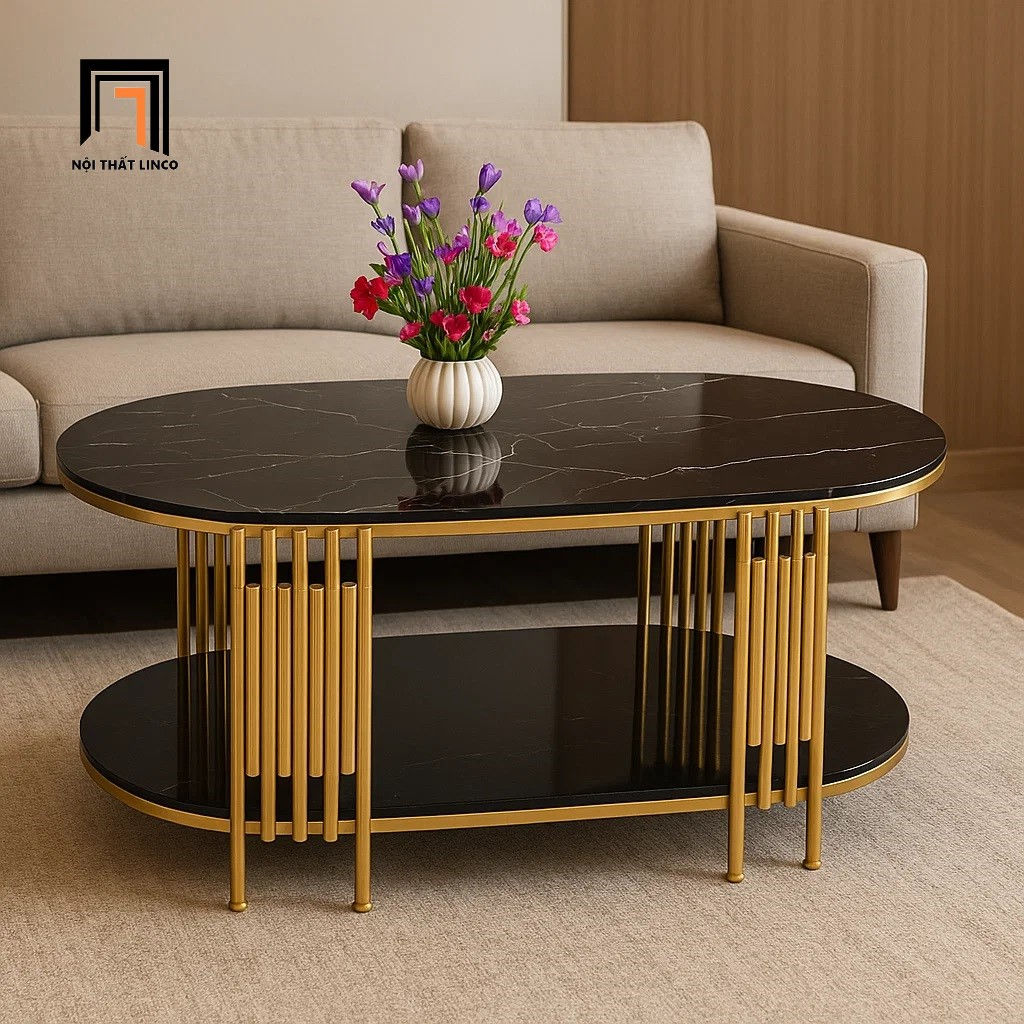 Bàn trà mặt kính oval giả đá BTPK78 Watery 1m chân vàng