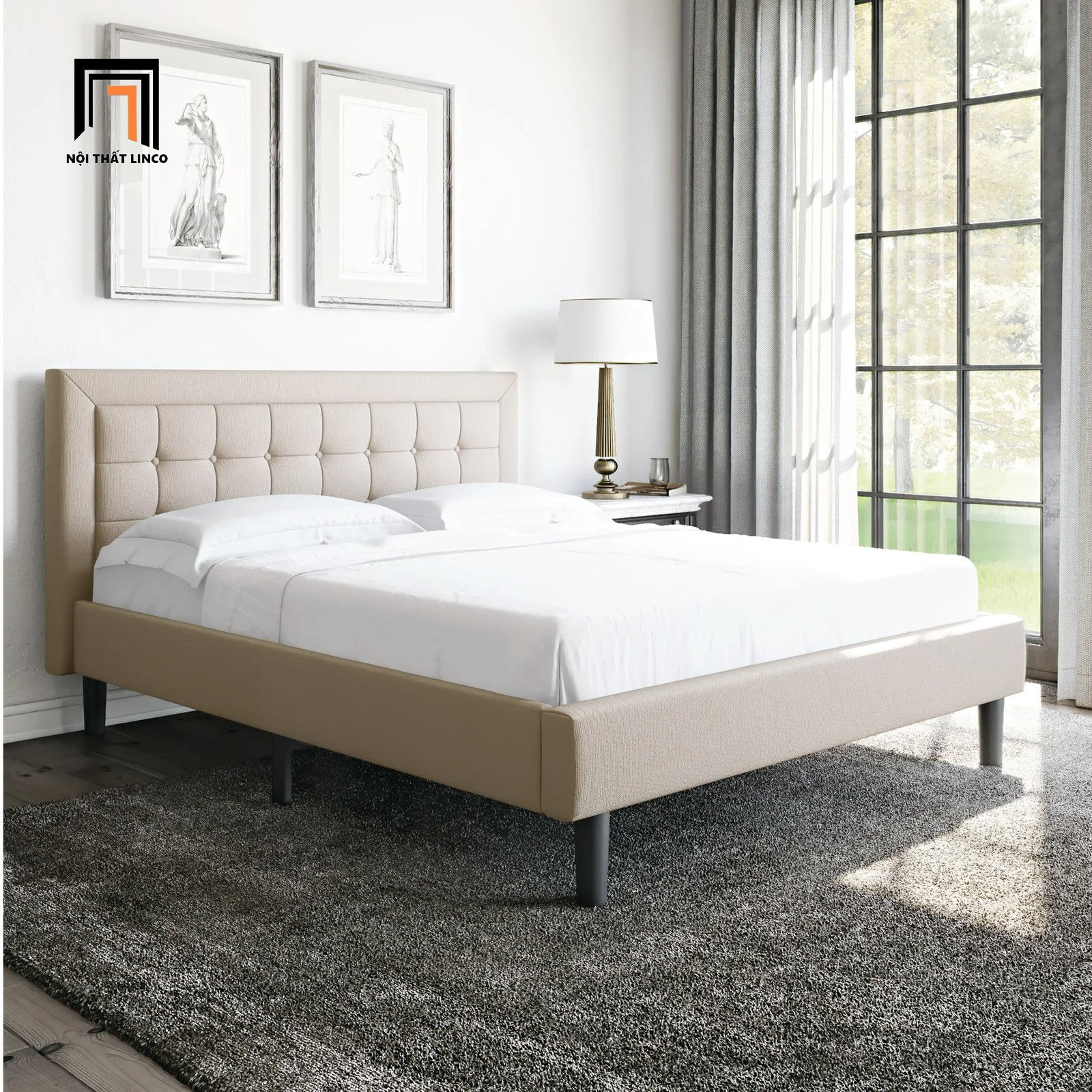 Giường ngủ 1m6 x 2m màu trắng kem GN3 Pinheiro giá rẻ