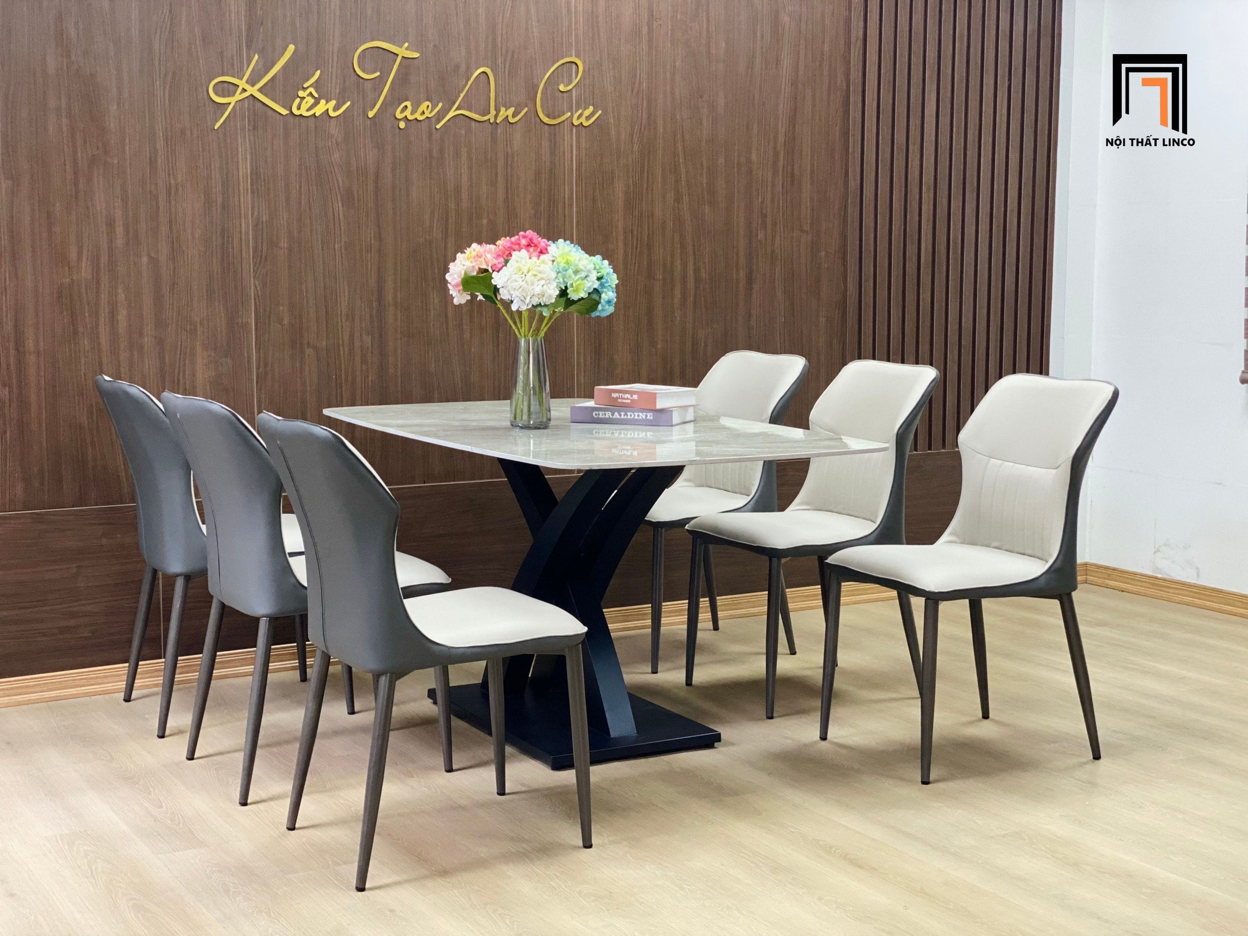 Bộ bàn ăn đá 6 ghế da Pu 17-BAD6-G38-B2 cho phòng bếp