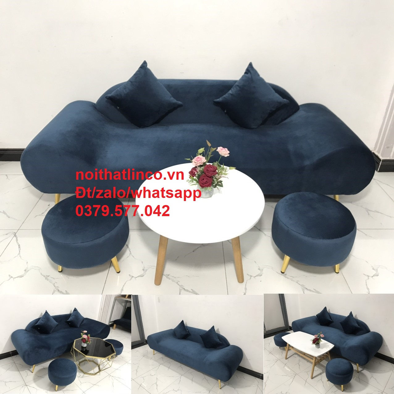 Bộ ghế sofa băng thuyền dài 2m SFT vải nhung xanh đậm
