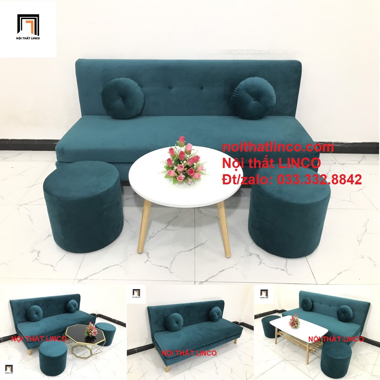 Bộ ghế sofa băng màu xanh lá BKT phòng khách nhỏ gọn
