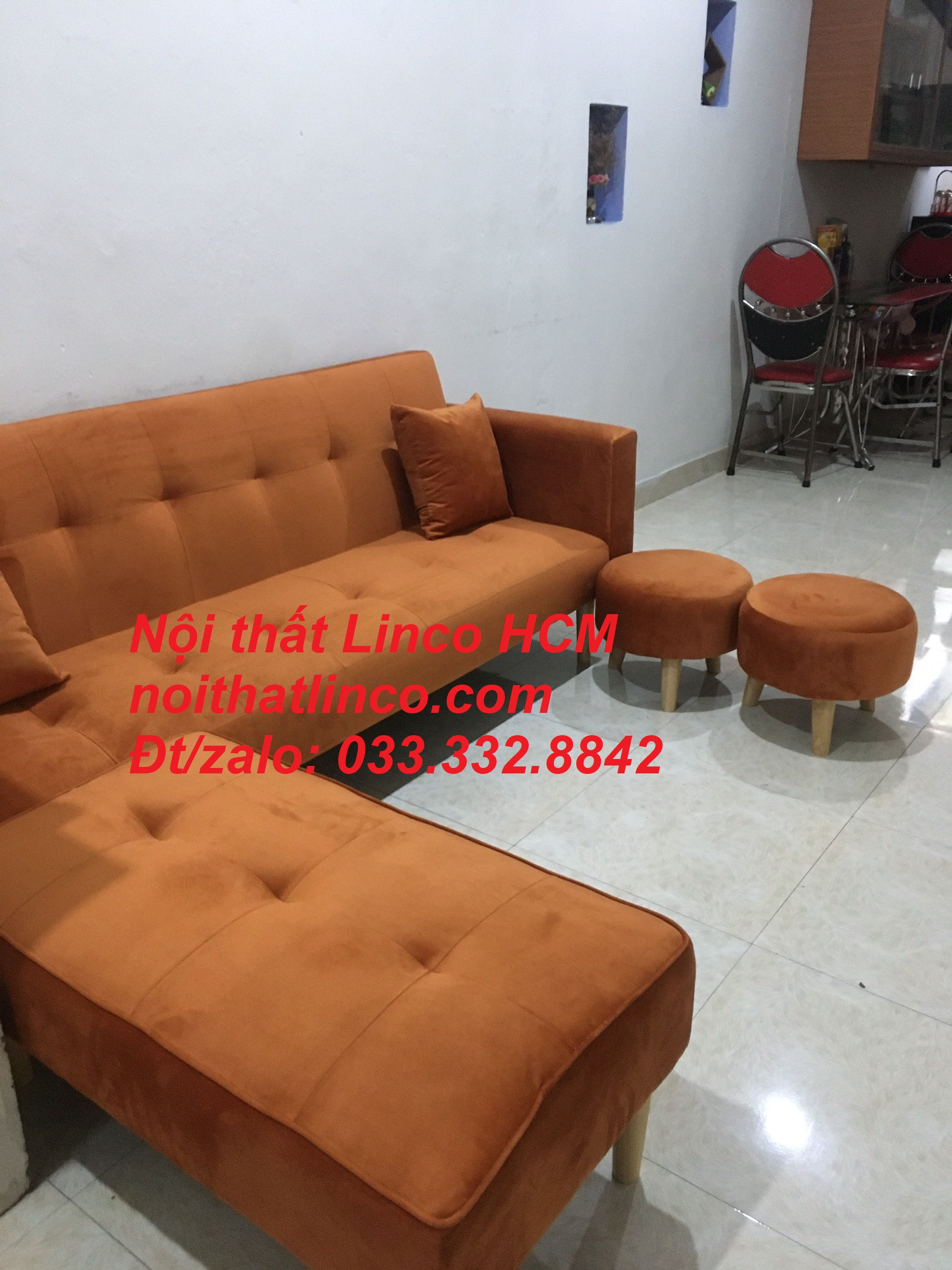 Combo ghế sofa giường GTT08 màu cam vải nhung mềm giá rẻ