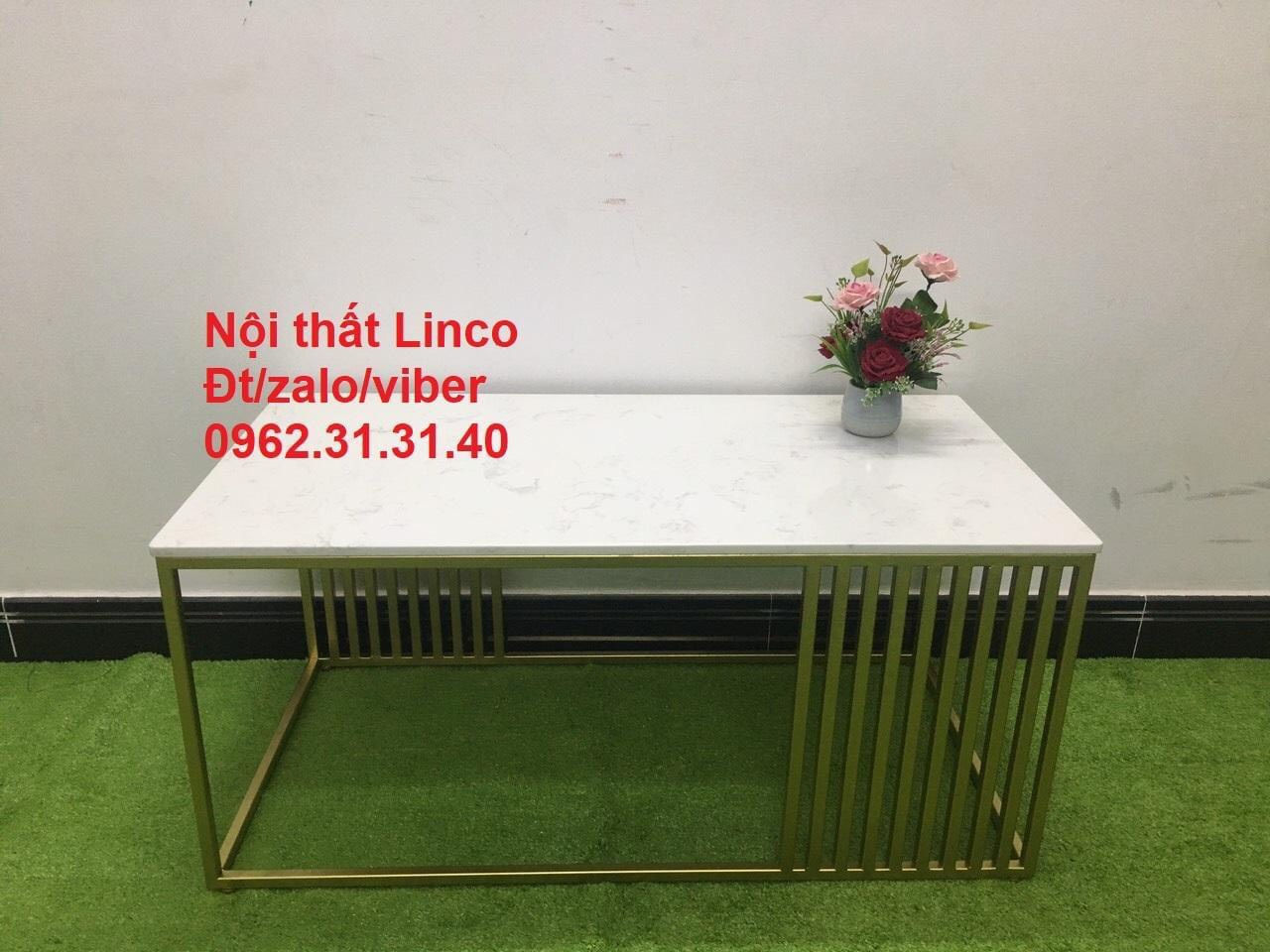 Bàn trà sofa chữ nhật mặt đá trắng 1m x 50 khung sắt vàng